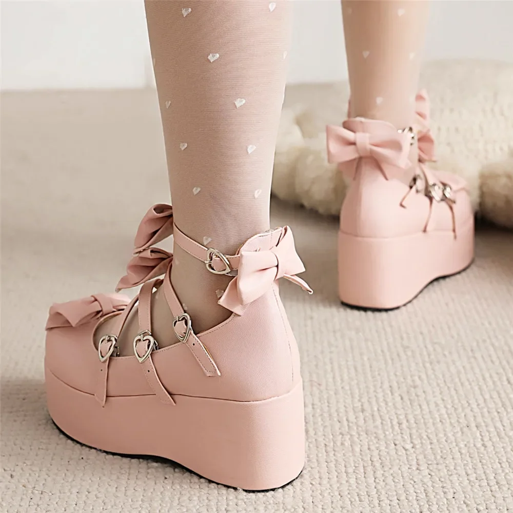 Big Size 33-43 New Ladies Platform Lolita Pumps Fashion Bow Buckle Wedges High Heels women\'s Mary Janes Pumps Sweet Woman Shoes