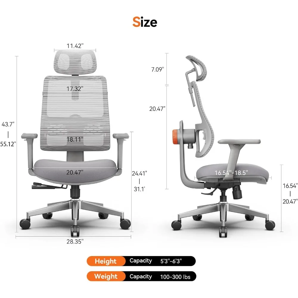 Ergonomic High-Back Office Chair, Home Office Desk Chair with Auto-Following Lumbar Support, Adjustable Headrest, 3D Armrest