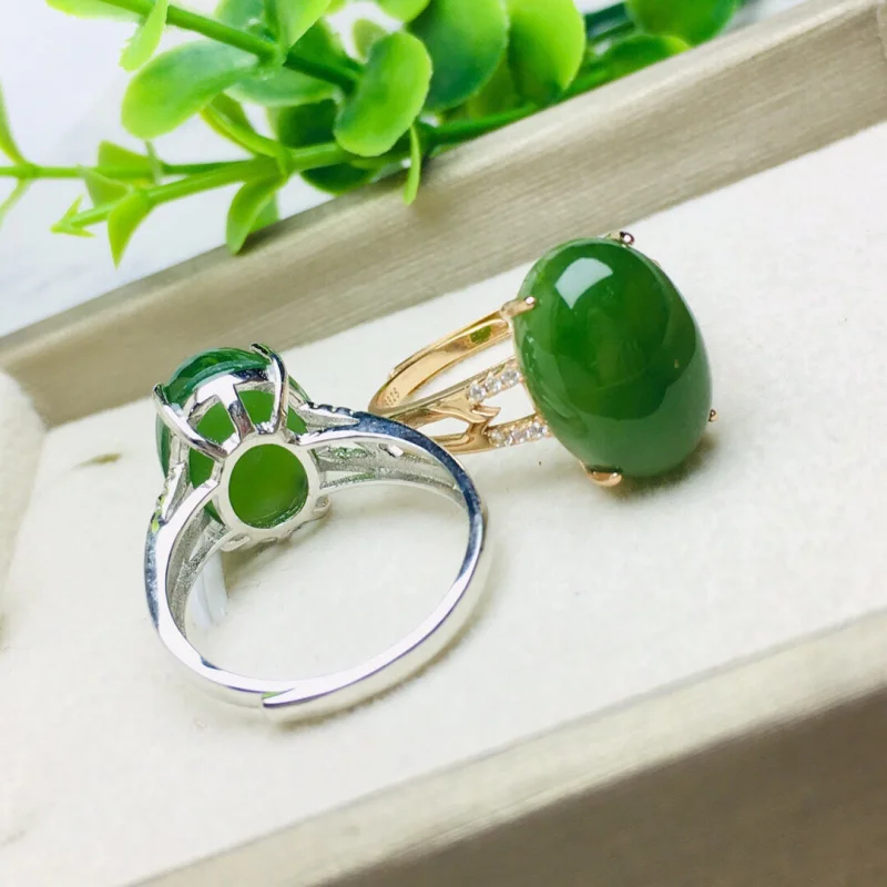 

S925 Серебряное инкрустированное Hetian нефритовое и яшма овальное кольцо с кабошоном, полые регулируемые женские украшения