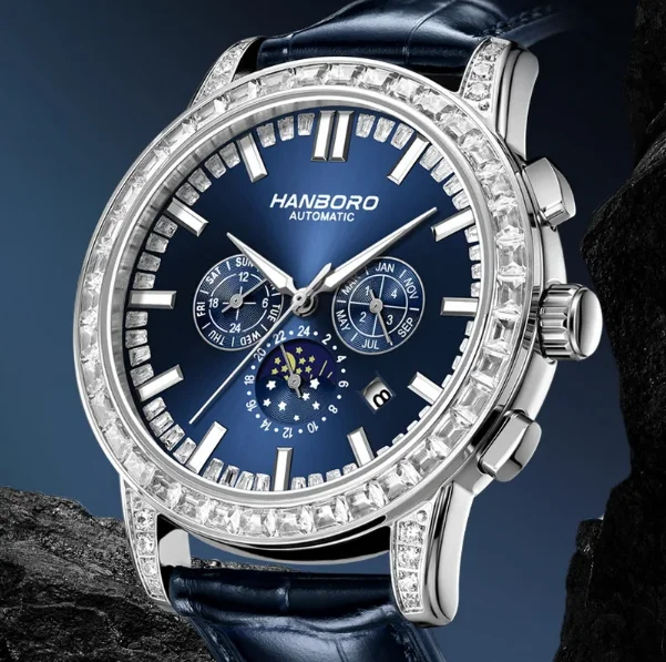 هانبورو ساعة أوتوماتيكية للرجال 43.5 ملم ساعة يد ميكانيكية فاخرة مضيئة ياقوت متعدد الطلب شهر تاريخ الأسبوع 24 ساعة كريستال