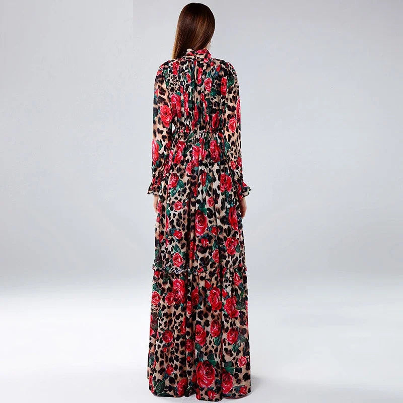 2023 moda seksowna wzór w cętki róża kwiatowy rękaw z elegancka, długa i wakacyjnymi sukienkami Maxi dla kobiet