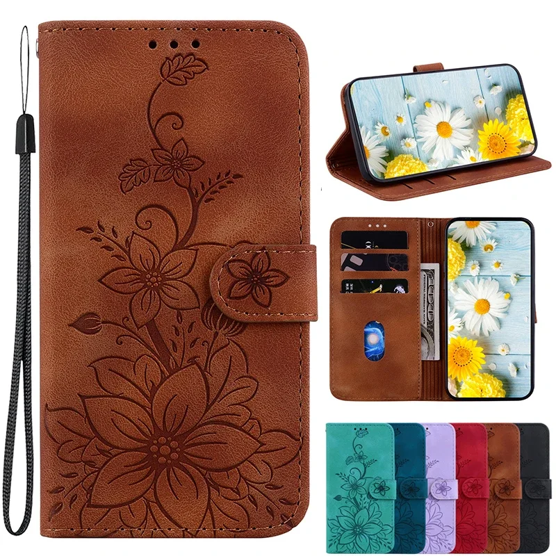 Magnetic Leather Phone Case For Tecno Pova 2 3 4 5 6 Pro 5G pova Neo 2 3 4G Embossed Lilies Flip Cover Wallet Case