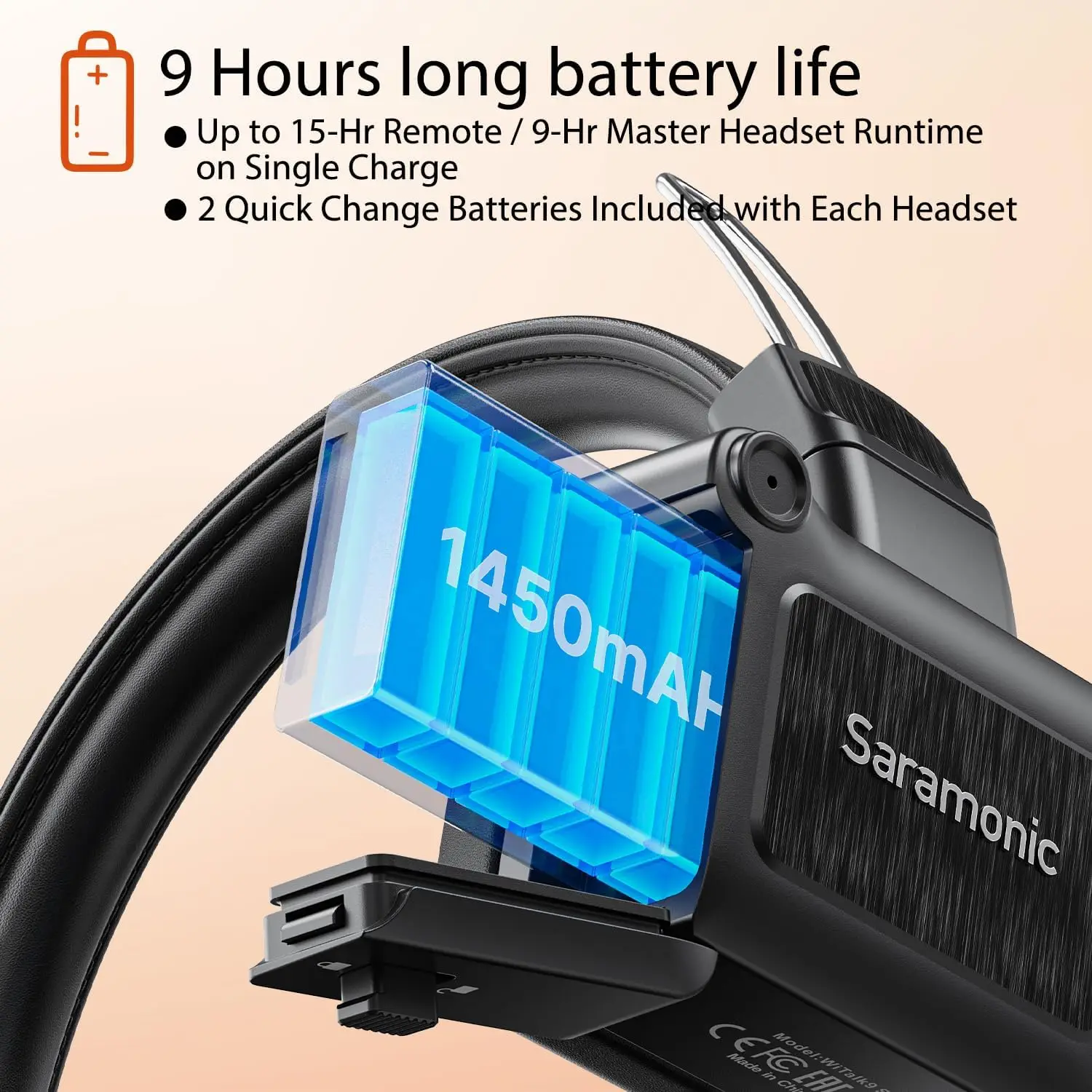 Saramonic WiTalk9-2S Walkie Talkie Full-Duplex de 1,9 GHz para 2 personas, alcance de 500 m ampliable para 30 usuarios, 4 baterías, estuche cargador de 6 bahías