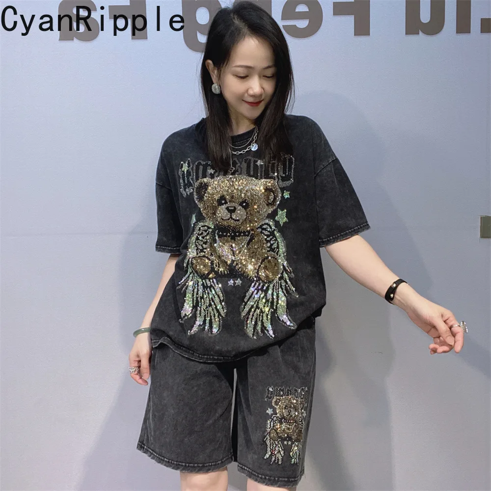 

Tie-dye Hot Diamonds Women Two-piece Set New Summer Cute Bears Short Sleeve T-shirt Top + Elastic Waist Casual Straight Shorts