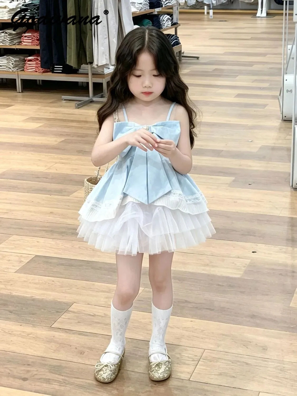 Sweet Baby Girls Fashionable and Stylish Outfit 2026 Summer New Bowknot Lace Trim Camisole Top with White Mesh Tulle Skirt Set