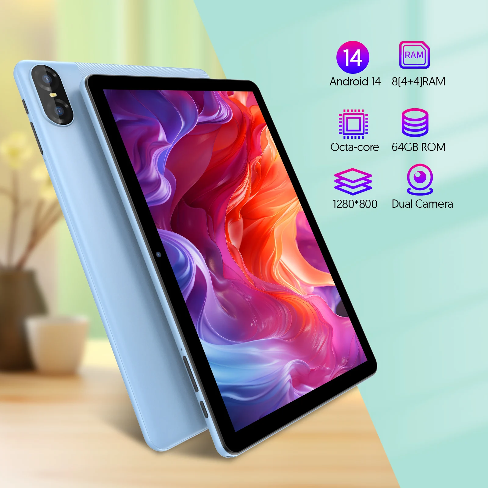 10-inch Android 14 tablet, octa-core processor, 8GB (4+4) RAM, 64GB ROM storage space, 1TB expandable memory, holiday gift