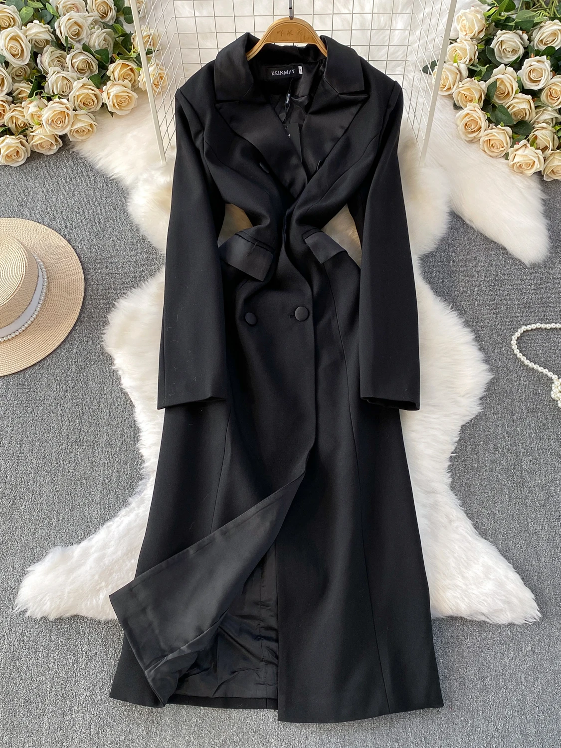 레트로 브리티 슬레 블라 슈트 칼라 드 여성용 신상 더블 버튼 허리 조임 슬림핏 미디 길이 코트 자켓