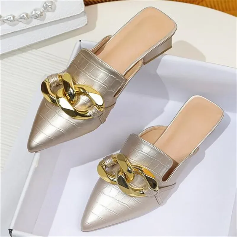 Luxury Chain Golden Mules Shoes For Women Heels 2023 New Summer Pointed Toe Square Heel Slippers Women Sandals Plus Size