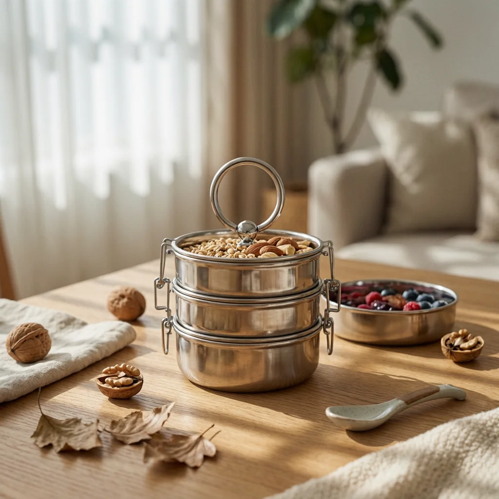 Triple Snack Bowl with Handle Stainless Steel 3-Compartment Serving Bowl Relic Dish with Loop Handle Silver Dishware Sturdy