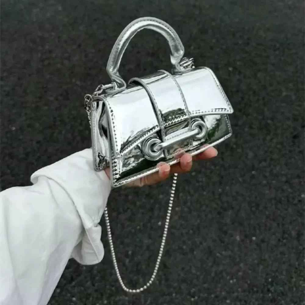 Vintage Women Silver Chic Crossbody Bag Luxury Designer Small Shoulder Fashion Gold Mini Coin Purse Cute Pu Leather Handbag