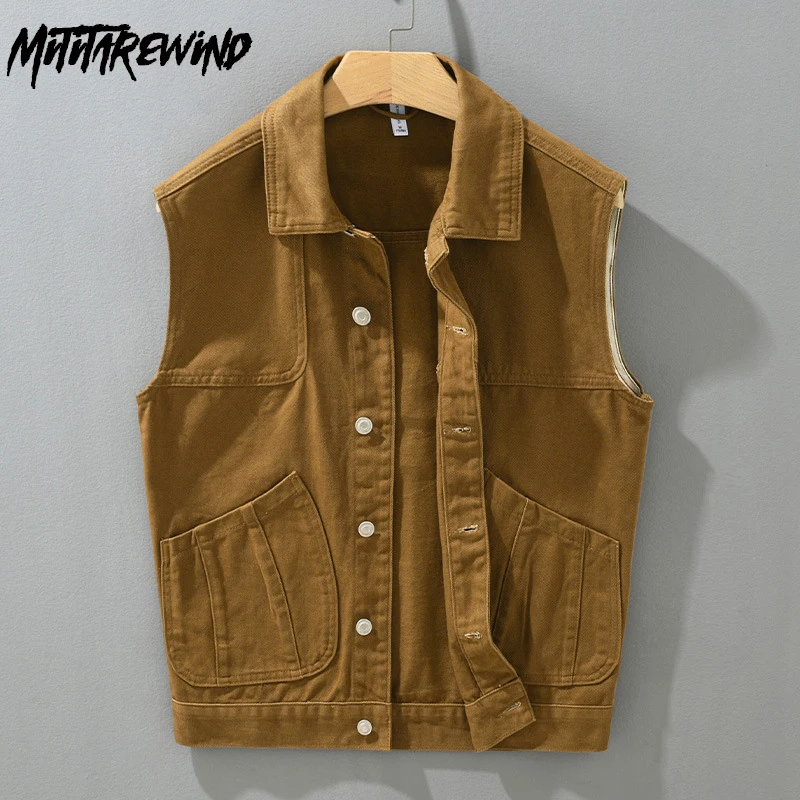 

American Style New Jacket Vests Causal Working Vest Youth Streetwear Loose Men's Sleeveless Jacket Spring Autumn Men's Clothing