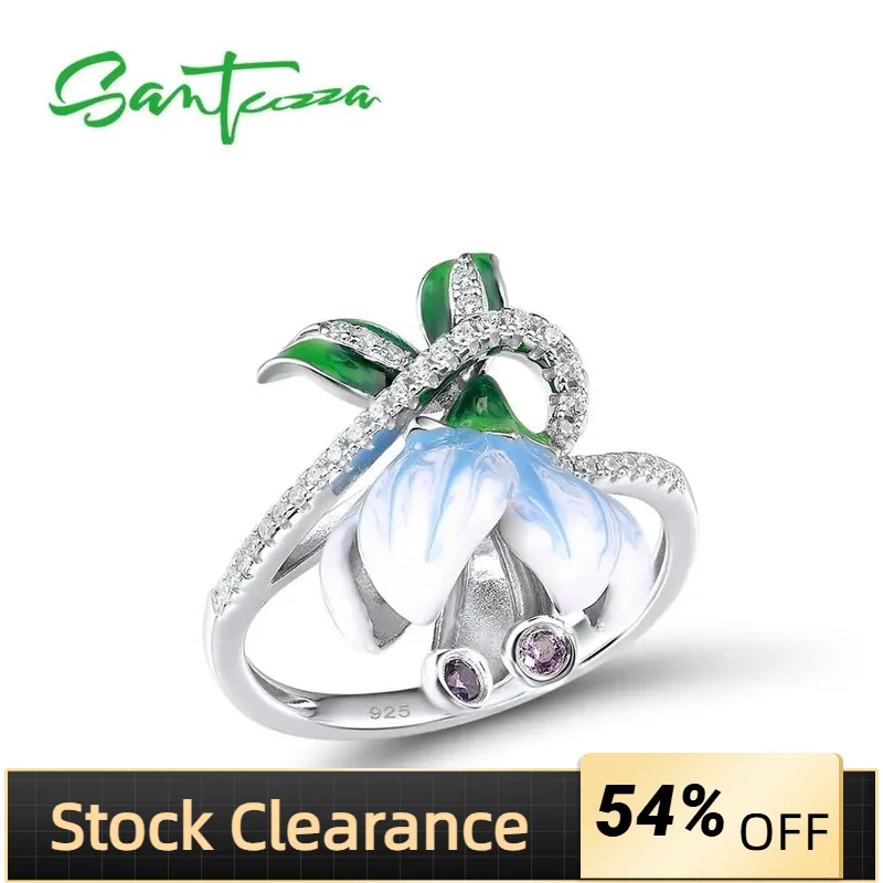 SANTUZZA Silver Rings For Women Genuine 925 Sterling Silver Exquisite White Blooming Flower Fine Jewelry Handmade Enamel