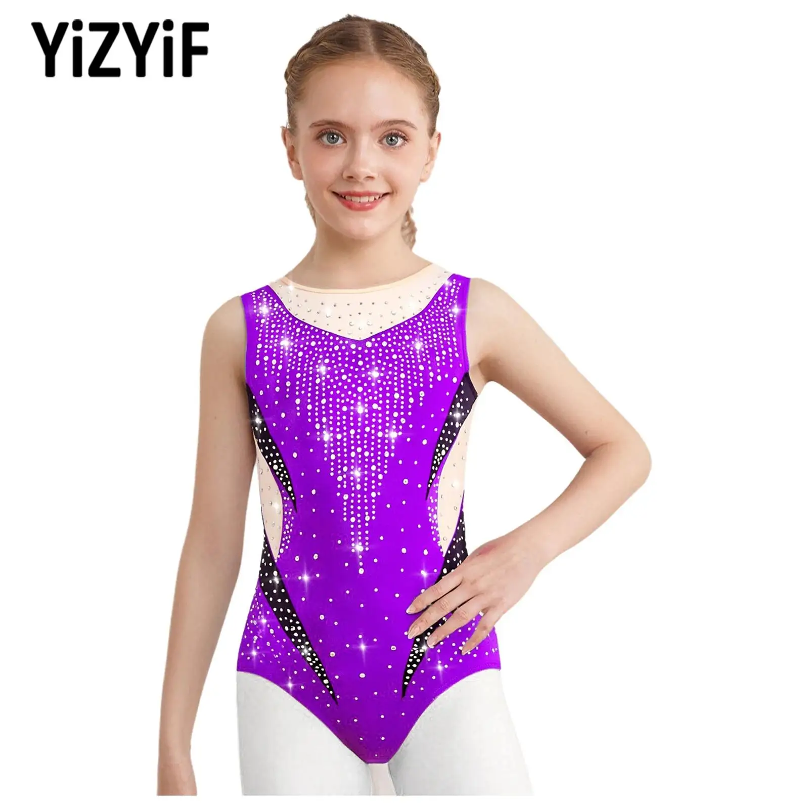 

Kid Girl Gymnastics Dance Metallic Leotard Swimsuit Sleeveless Rhinestones Figure Skating Ballet Dance Bodysuit Dress Dancewear
