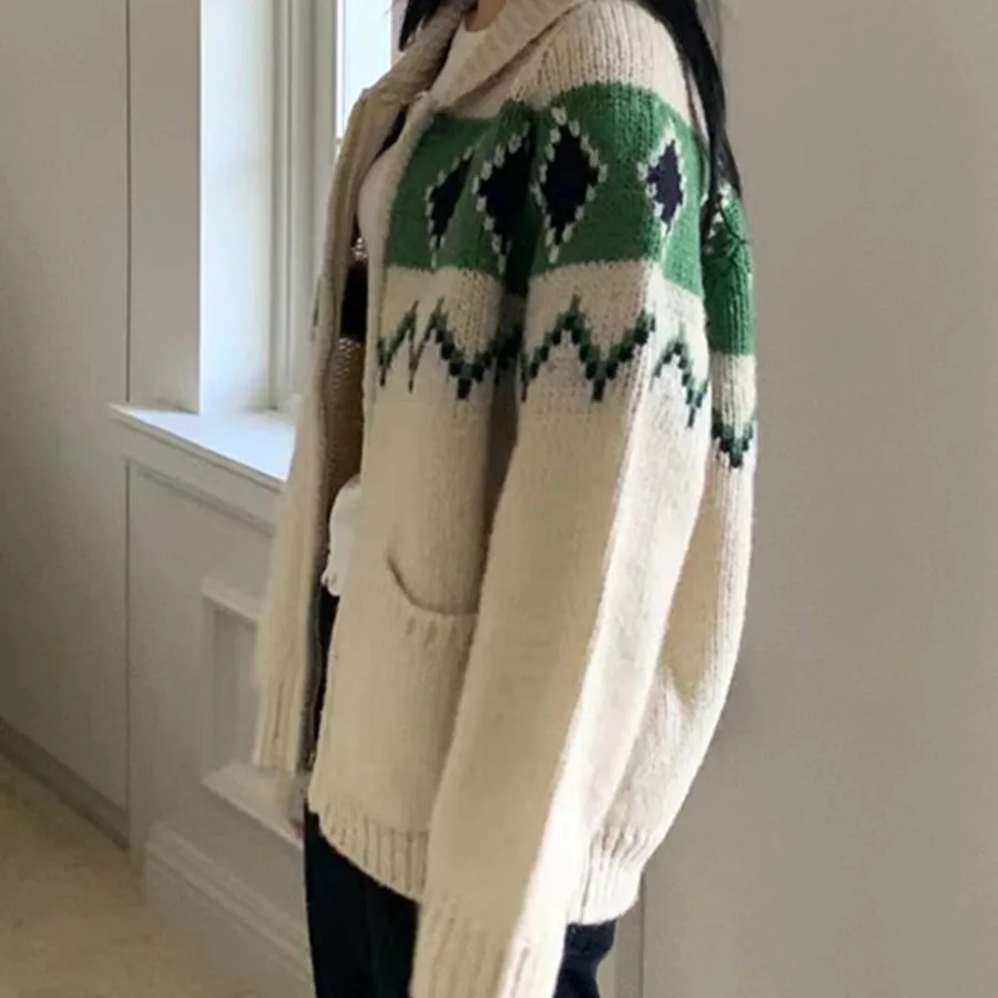 

Christmas Women Cardigan Jumpers Knitted Sweater Casual Color Block Plaid Long Sleeves Round Neck Zip Loose Elegant 2025 Autumn
