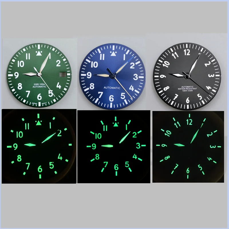 29mm Pilot Style Watch Dial and Hand Sets Black Blue Green White Dial C3 Green Luminous Fit NH35 NH36 2813 ETA PT Movement Watch