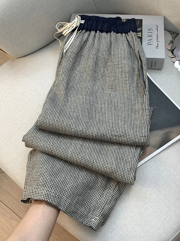 하이웨이스트 와이드 레그 팬츠 여성 여름 경량 코튼 린넨 캐주얼 스트레이트 컷 루즈 롱 트라우저 컬러 블록 체크