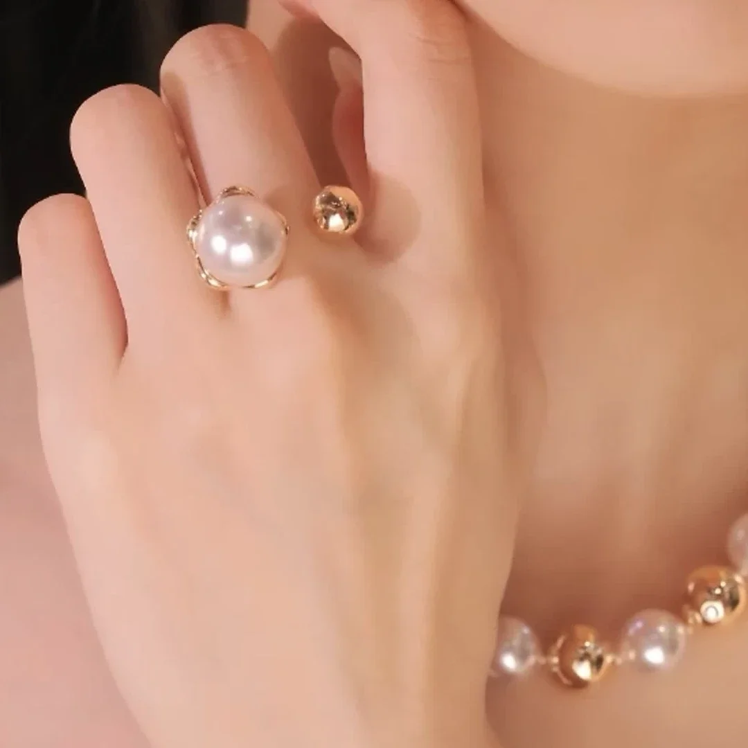 Cameo 925 Silver Synthetic Gold Round White Shell Pearl Luxury Necklace Bracelet Ring Banquet Party Fine Jewelry Set