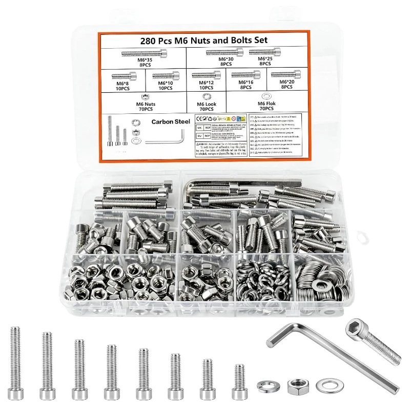 280pcs M6 Hex Socket Head Cap Screws Bolts and Nuts Set Stainless Steel Hex Head Screws with Washers Assortment