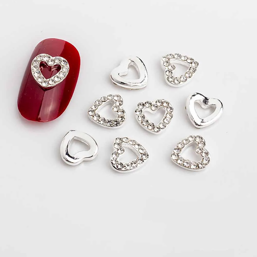 10pcs Silver Heart Alloy Nail Art Charm 3D Sailor Metal Diamond Pearl Hollow Heart Love Nail Jewelry Luxury Nail Accessories