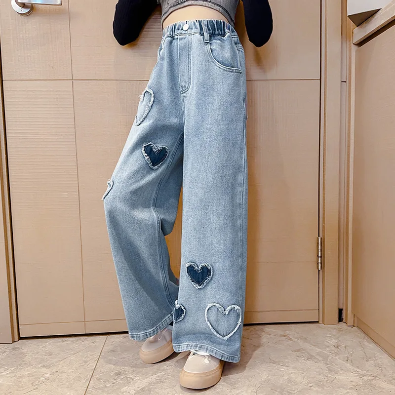 2024 Spring Autumn Girls Love Rough Edges Jean Korean Version Style Kids Middle Waist Cowboy Pants Elastic Waist Long Pants