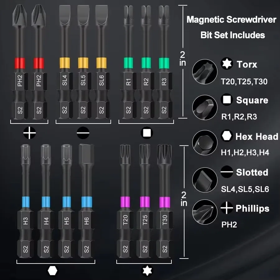 15PCS Impact Magnetic Screwdriver Bits Set Stronger Magnet Screw Drill Bit Anti Slip Torx Square Slotted Hex Head
