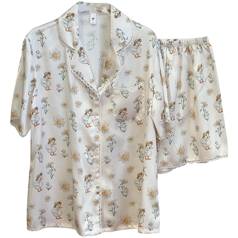 Cute Cartoon Duck Print Home Clothes 2PCS Pijama Spring Summer New Pijama Mujer Loungewear Shirt Pants Lady Loungewear 2
