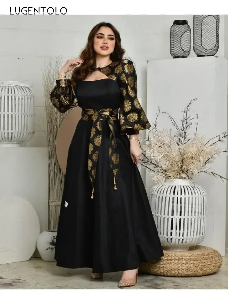 여성 섹시한 드레스 빅 스윙 긴 퍼프 슬리브 블랙 레이스 업 인쇄 골드 새틴 파티 봄 여름 레이디 우아한 맥시 의류