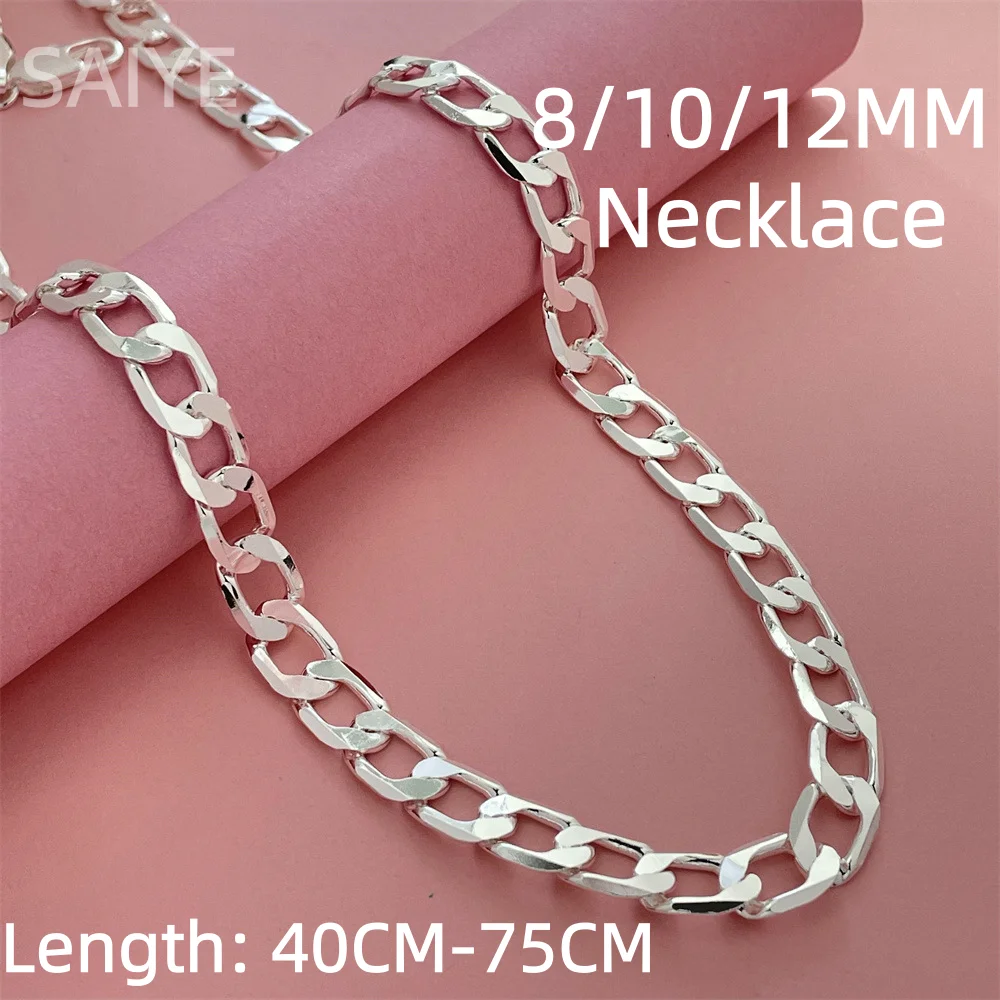 

925 Sterling Silver Cuban Link Chain, 8-12mm Multi-Size Curb Chain Necklace for Women Men Daily & Party Wear