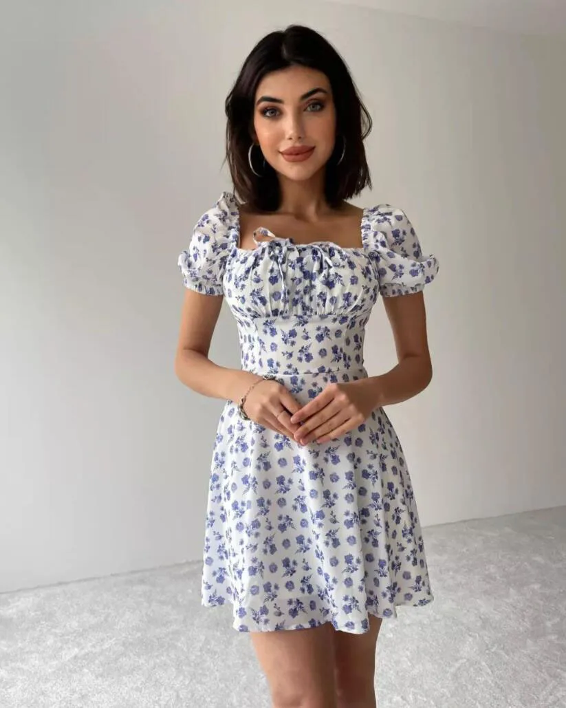 Damesjurk met bloemenprint en pofmouwen, elegante zomerjurk met pofmouwen