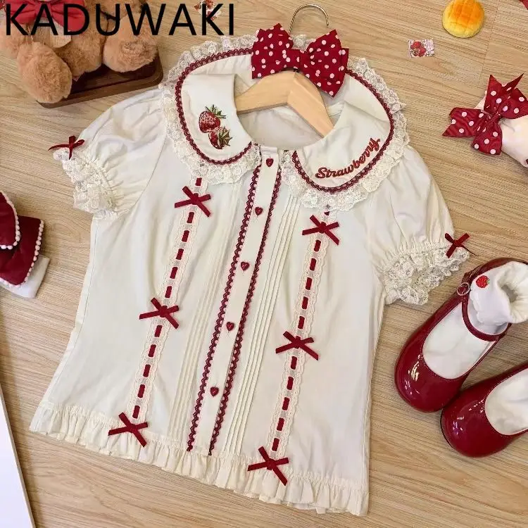 

Bow Strawberry Sweet Peter Pan Collar Shirts Japan Style Chic Lolita Lace Short Sleeve Blouse Summer Aesthetic Casual Crop Top