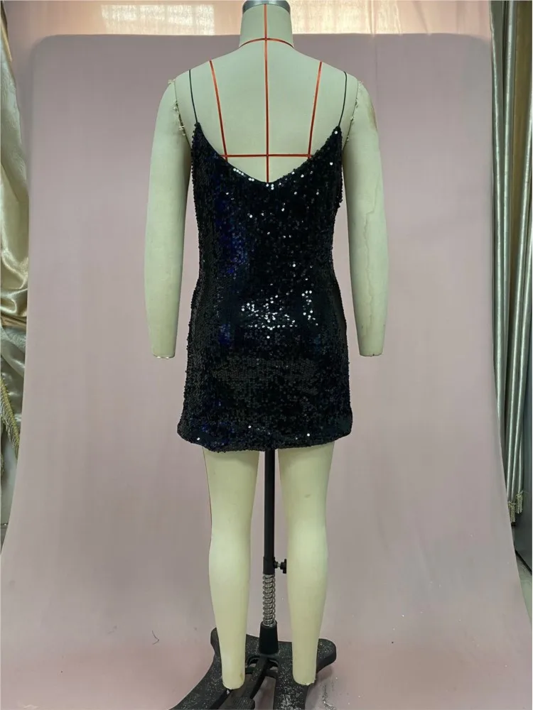 Sexy Mini Dresses Solid Color Sequin Spaghetti Straps Deep V Neck Women's Robe Fashion Party Prom Club Nightclub Vestidos Summer
