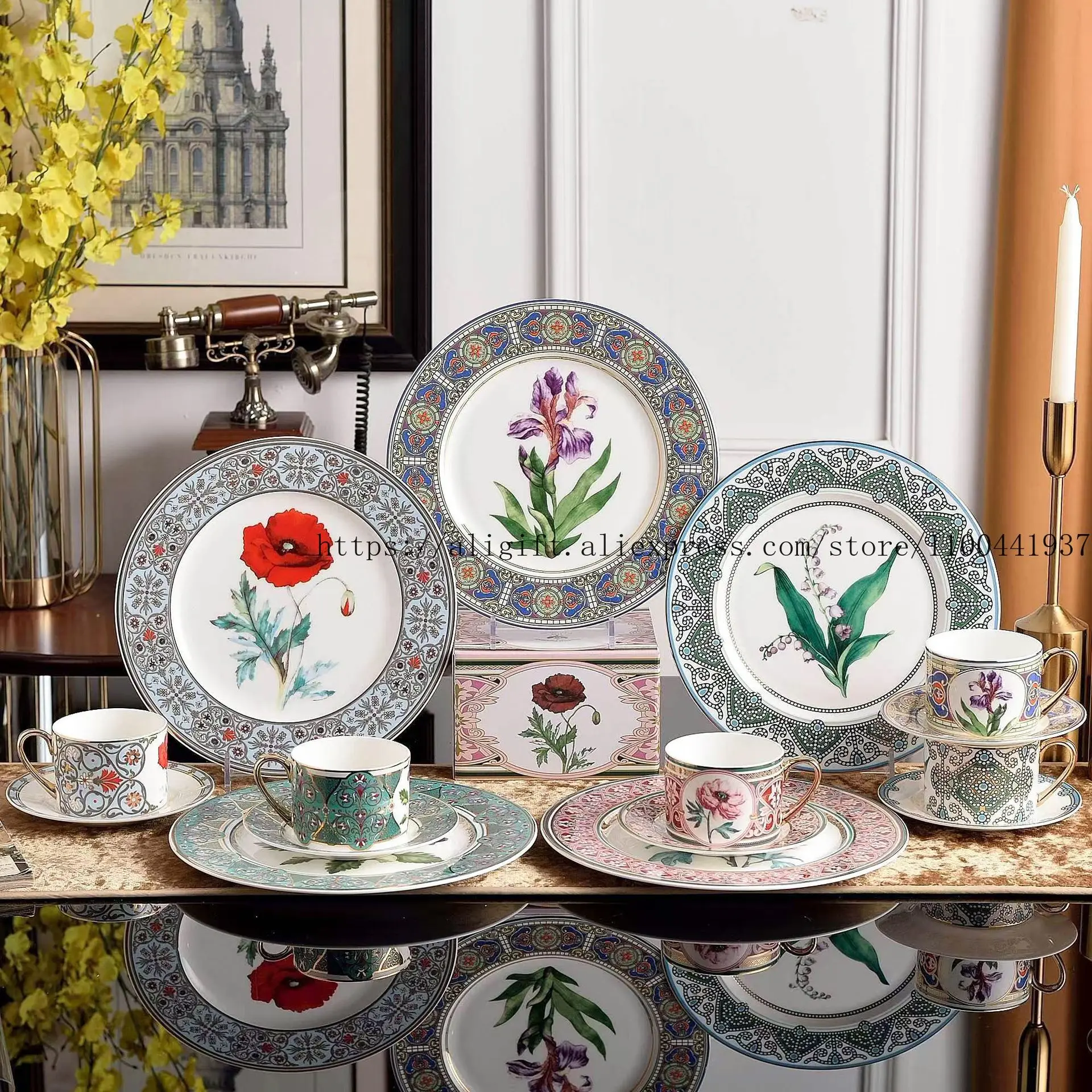 

Luxury Bone China Dinner Plates Coffee Cups Set Elegant Ceramic Tableware for Home High-End Porcelain Dishware with Gold Trim