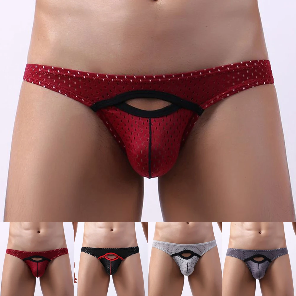 Men Sexy U-Bulge Pouch Underwear With Hole Low Waist Briefs Sexy Mesh Hole Panties Breathable Knickers Mans Sport Underpants