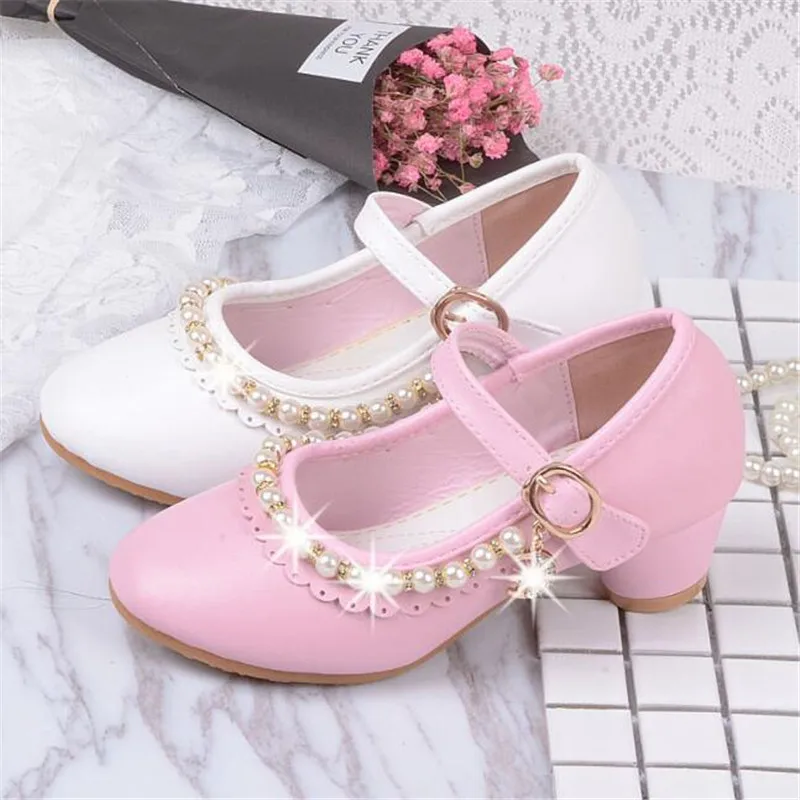 Princess Kids High Heels Shoes Kids Dress Party Leather Shoes Baby Girls Children\'s White Shoes Enfants Wedding for Girl