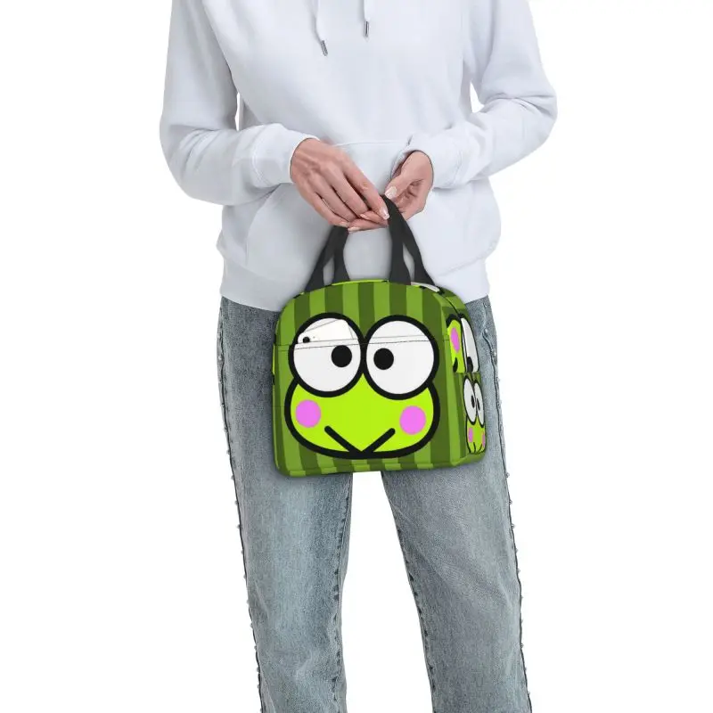 Borsa Tote per il pranzo isolata con rana dagli occhi grandi Keroppi personalizzata per le donne borsa termica portatile Bento Box School