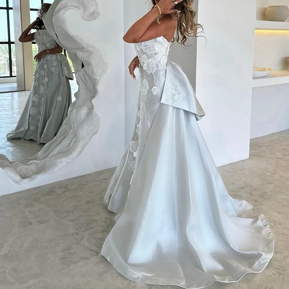 Customized Elegant Appliques Bow Satin Evening Dresses Exquisite A-Line Floor Length Strapless Sleeveless Special Occasion Gowns