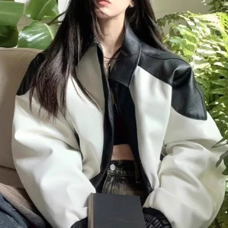 Veste de moto en cuir noir et blanc vintage américain pour femme, veste de style baseball haut de gamme populaire 2025, tendance.