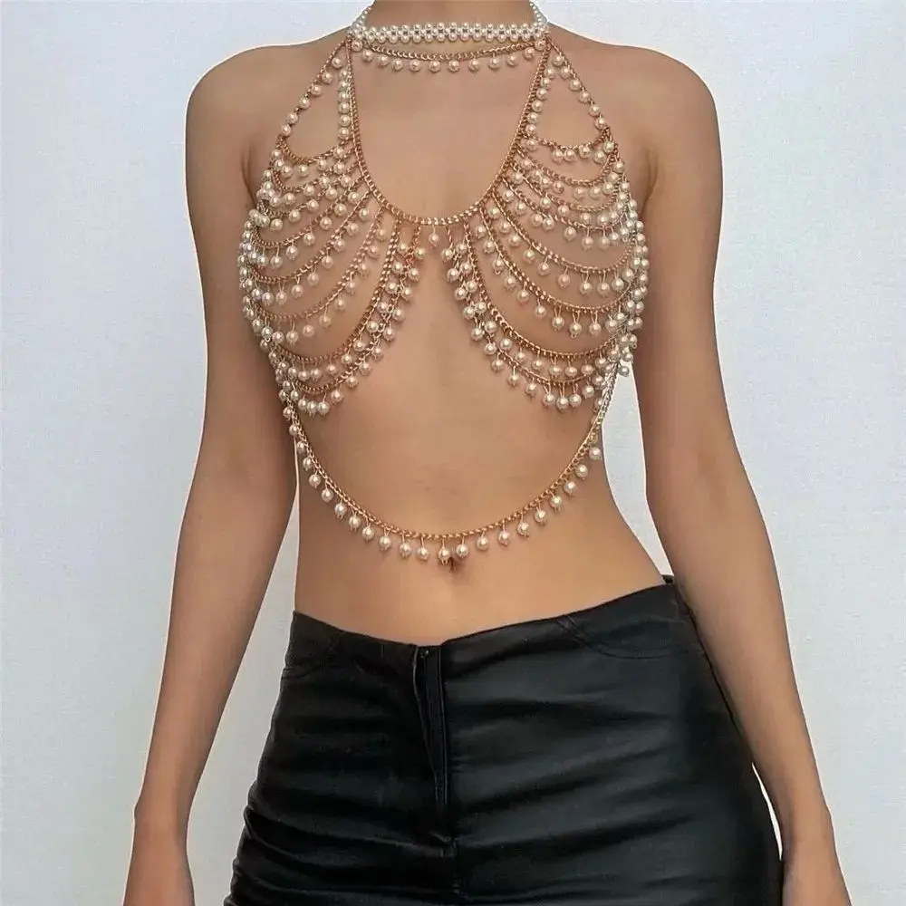 Pearl Necklace For Women, Sexy Y2k Collarbone Chain, Multi-Layer Body Chain Set, Party, Beach, And Vacation Accessories