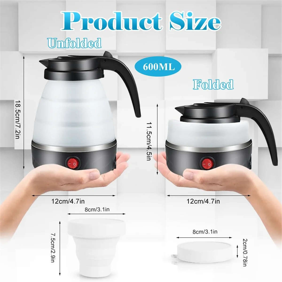 Foldable Kettle, 600ml Camping Kettle Mini Travel Kettle Foldable Silicone Kettle with Folding Cups, for Travel EU Plug