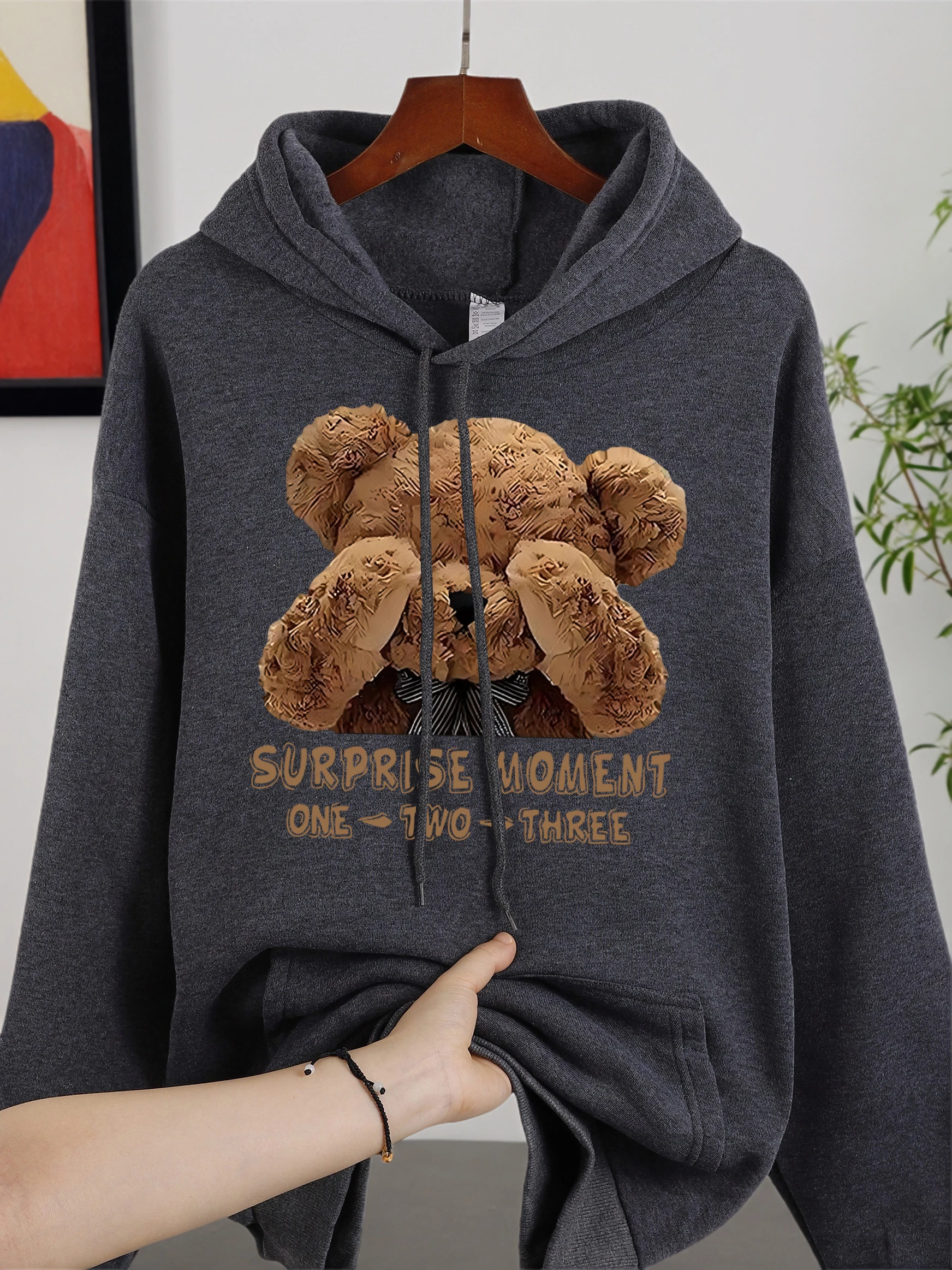 One Two Three Teddybär-Sweatshirt für Herren, Fleece, einfache Kleidung, lockere Herbst-warme Pullover, Unisex, weiche Grundlagen, lange Ärmel