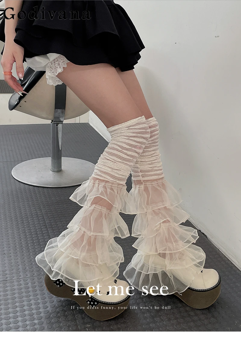 Girly Sweet Y2K Lace Patchwork Ruffled Edge Leg Warmers Summer New Fashion Elegant All-Match White Casual Sexy Leg Warmers Women