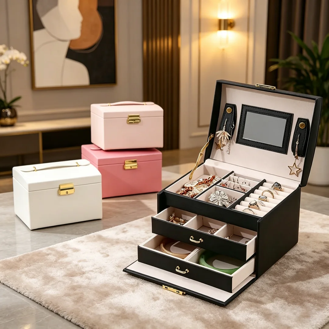 New Princess-style Leather Jewelry Box with Mirror Cosmetic Holder  Jewel Case Upscale Jewelry Organizer Birthday Wedding Gift