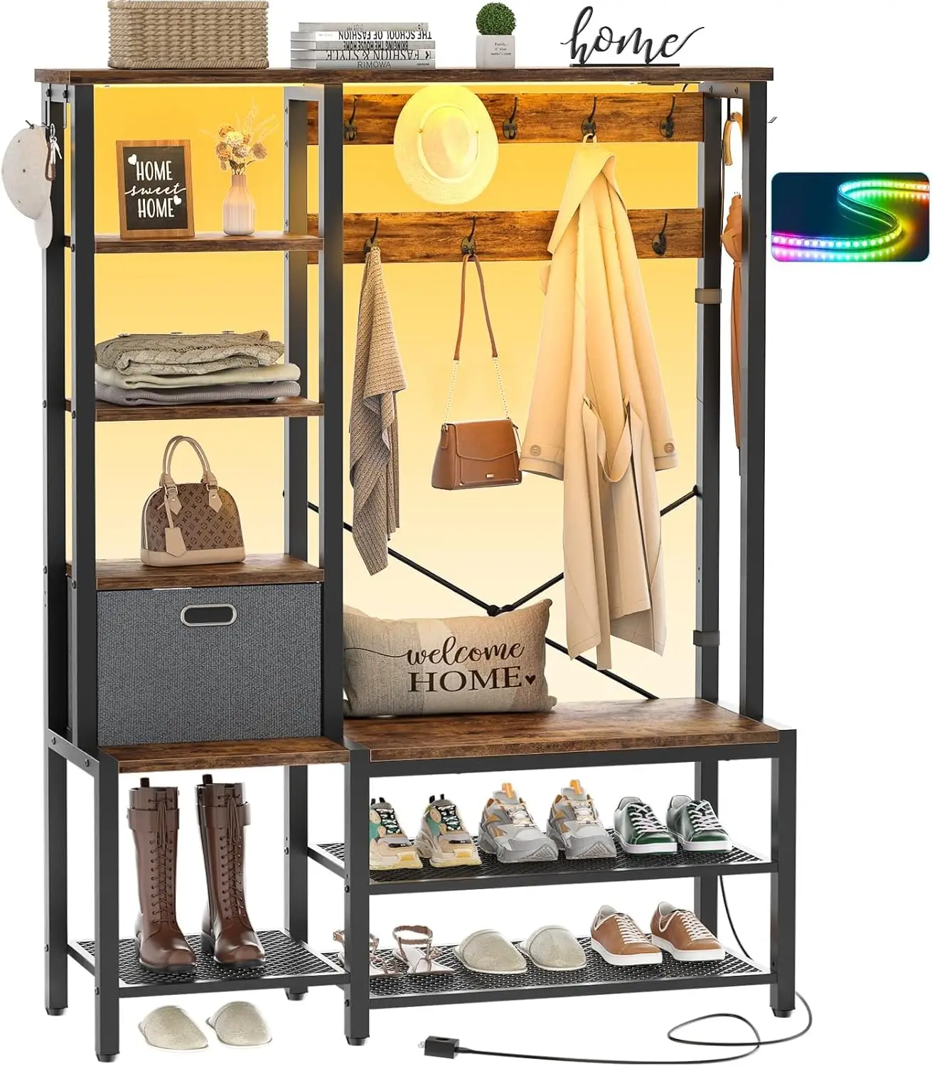 Hall Tree with Storage Bench, Coat Rack with LED Lights, 5-Tier Shelves, Fabric Storage Basket, Side Hooks, 71’’ Indust