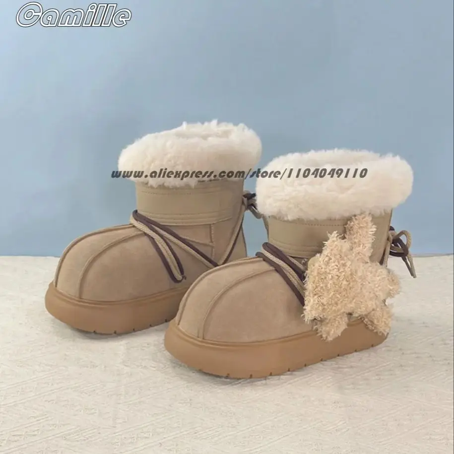 

Classic Cow Suede With BearMid Calf Snow Boots Round Toe Platform Casual Lady Boots Short Plush All-Match Keep Warm Boots