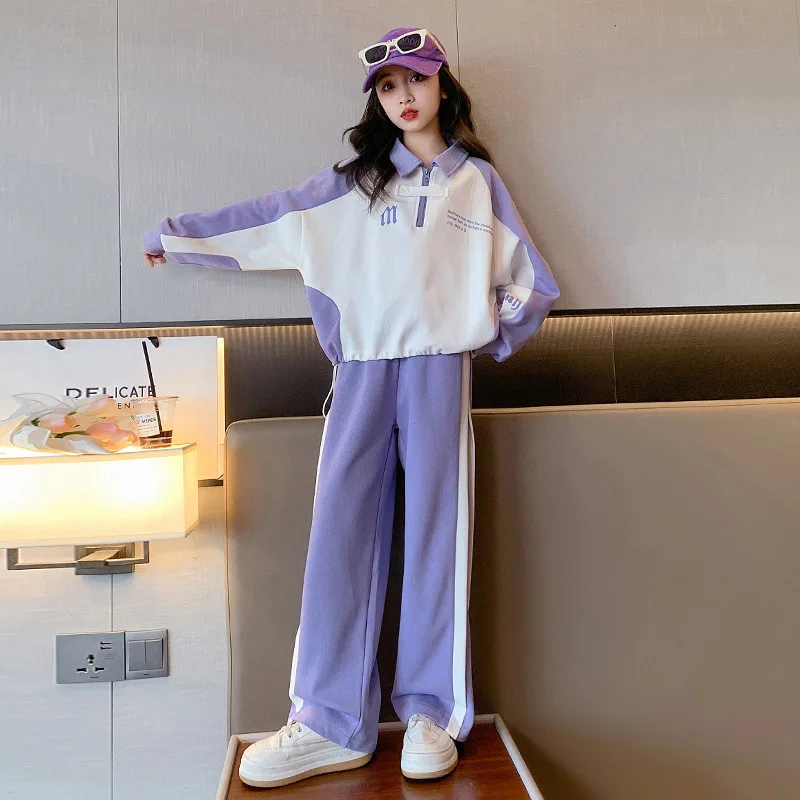 

Весенне-осенний спортивный костюм для школьниц, контрастные толстовки на полумолнии для девочек-подростков + прямые брюки, школьный костюм из 2 предметов для девочек, От 4 до 12 лет