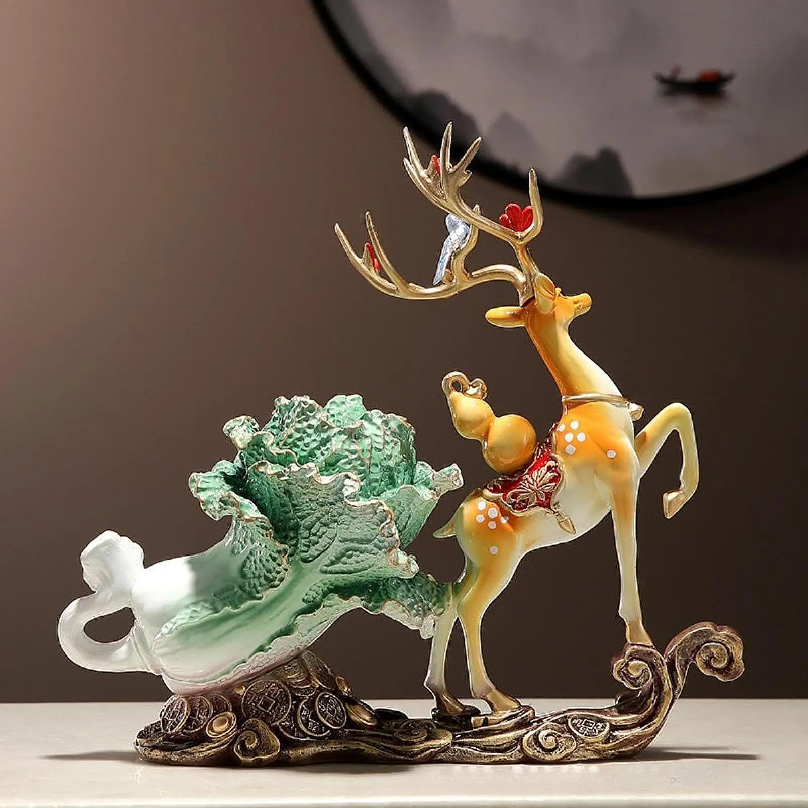 

Resin Figurine Gift Decorative Collection Deer and Cabbage Statue for Bedroom Table Centerpieces Indoor Housewarming Living Room