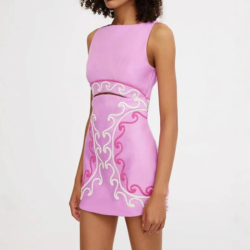 Women's Casual O-neck Slim Short Dress Summer Elegant Sleeveless Hollow Out Party Dress 2025 Fashion Pattern Print Pink Dresses