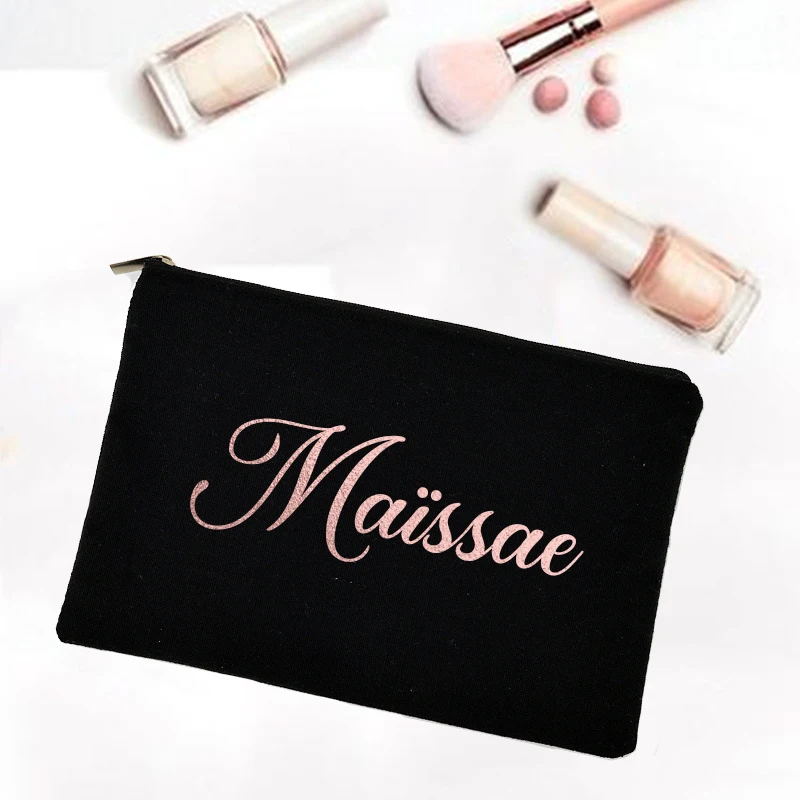 Personalized Makeup Bag Custom Name Canvas Cosmetic Case Wedding Bachelorette Party Gifts Bridesmaid Gold Letter Print Holiday