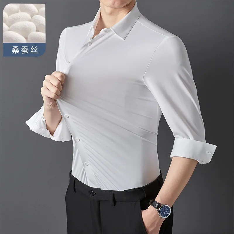 LIBIELIY Mulberry Silk Shirt Men's Long Sleeved High Elasticity, No Ironing, No Marks, Light Luxury Business Casual Shirt