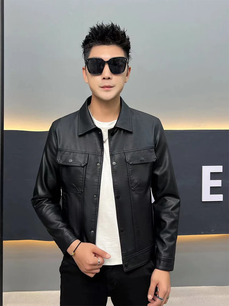 

Faionable Slim Fit Мужская кожаная куртка, осенняя коллекция 2023, винтажное кожаное пальто с отложным воротником и принтом Urban Sle